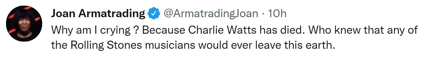 Joan Armatrading tweets about Charlie Watts - enlarge